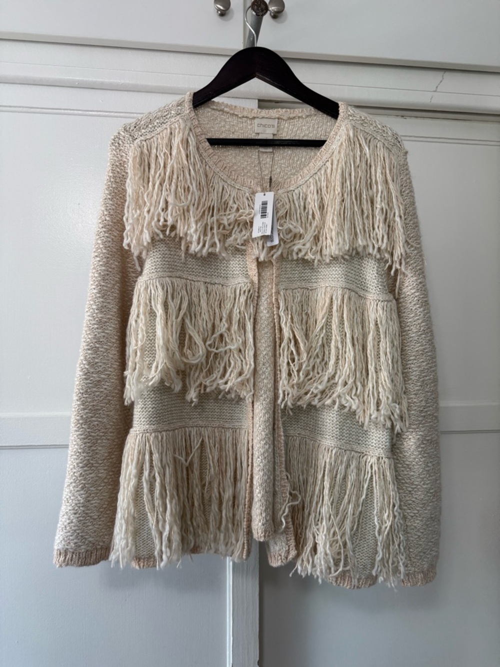 Trendy boho style Chico's Ivory Fringe Knit Cardigan